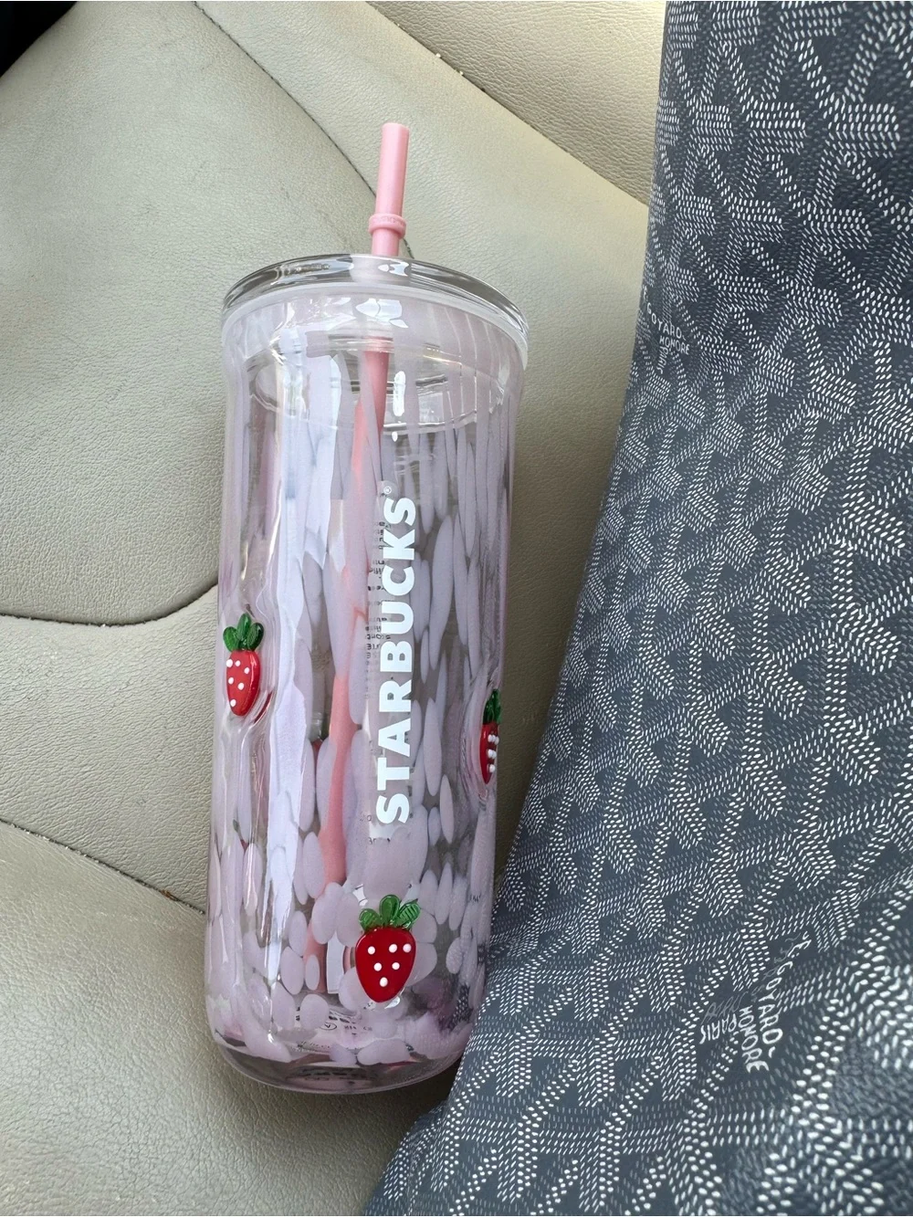 Starbucks Pink Strawberry-Accent Double Wall glass Tumbler with Straw